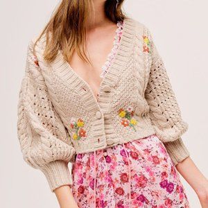 For Love & Lemons Amaryllis Cropped Embroidered Cardigan Size Small in Wheat